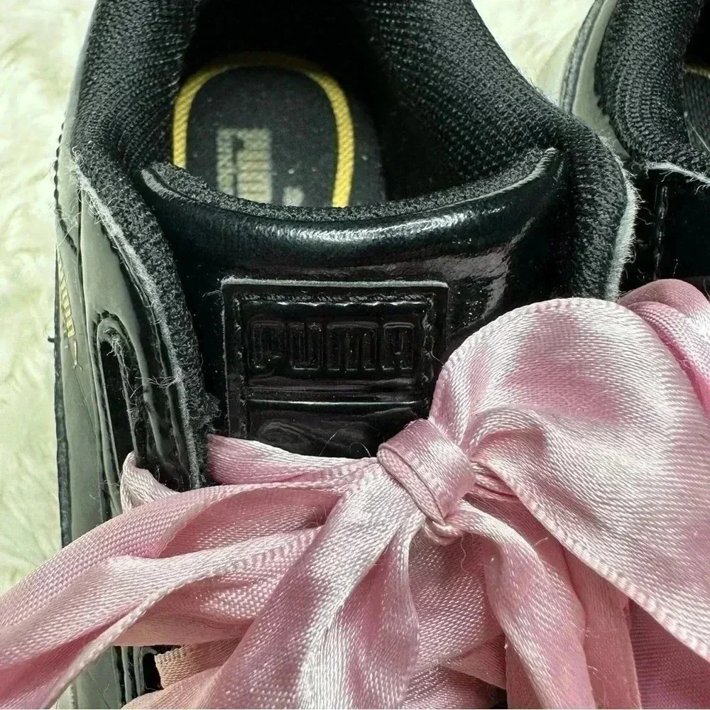 Puma Basket Heart Patent Black Sneakers  Pink Laces Size 8 - Picture 3 of 16
